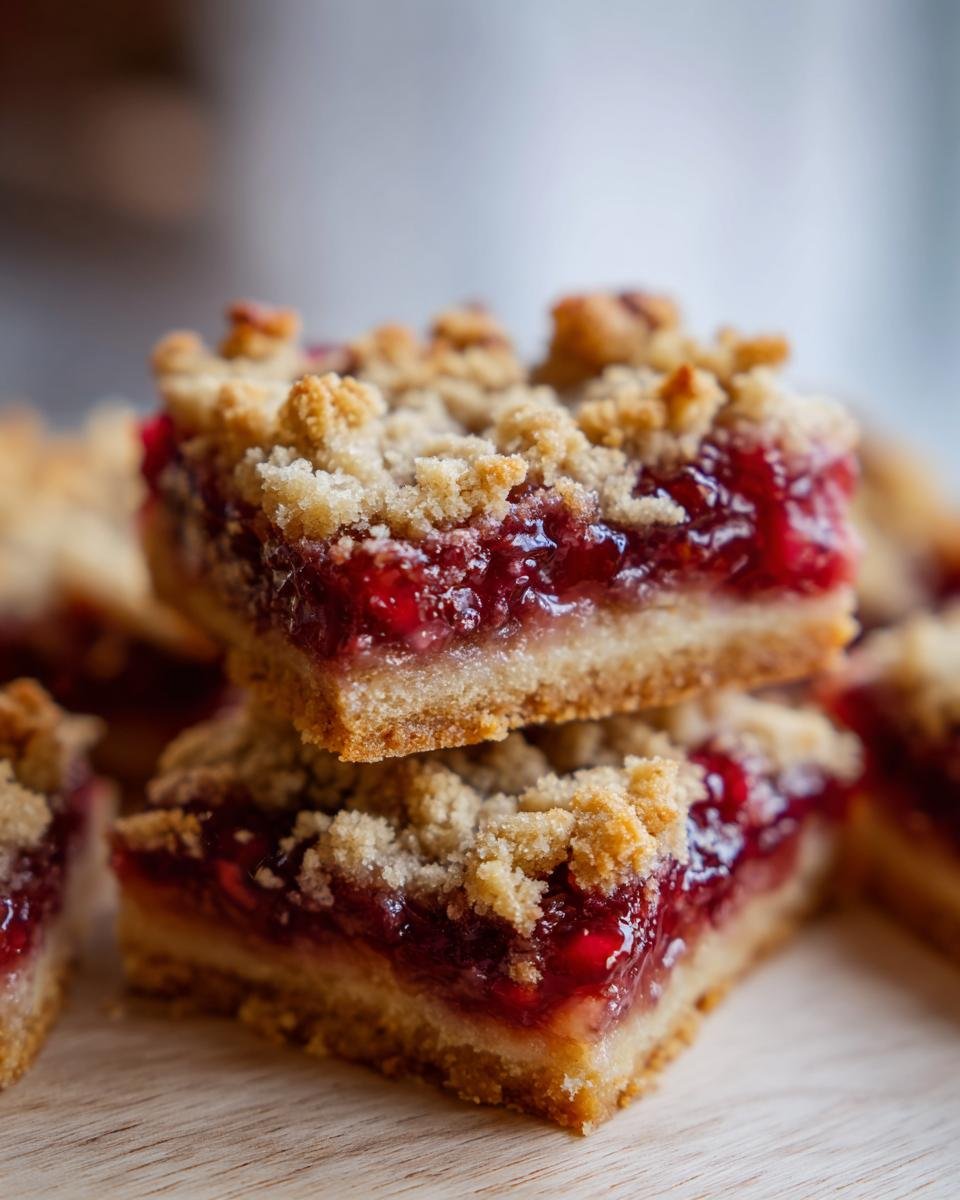 Zwei gestapelte Pomegranate Apple Pie Bars mit saftiger roter F&uuml;llung und knusprigen Streuseln.