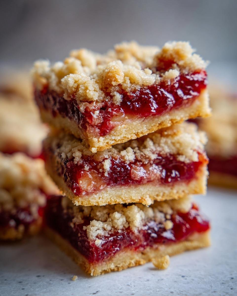 Drei gestapelte Pomegranate Apple Pie Bars mit saftiger roter F&uuml;llung und knusprigen Streuseln.
