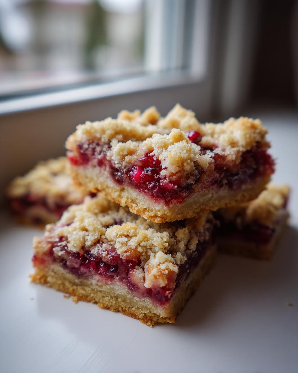Nahaufnahme von gestapelten Pomegranate Apple Pie Bars mit saftiger roter F&uuml;llung und knusprigen Streuseln.