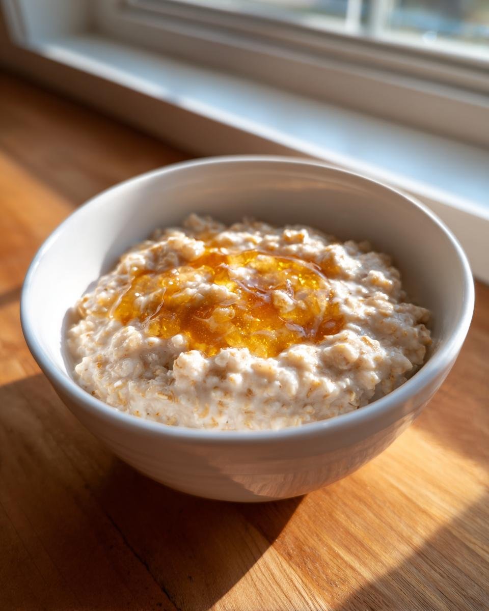 Eine wei&szlig;e Sch&uuml;ssel mit cremigem Porridge, garniert mit goldgelbem Honig, steht auf Holz.