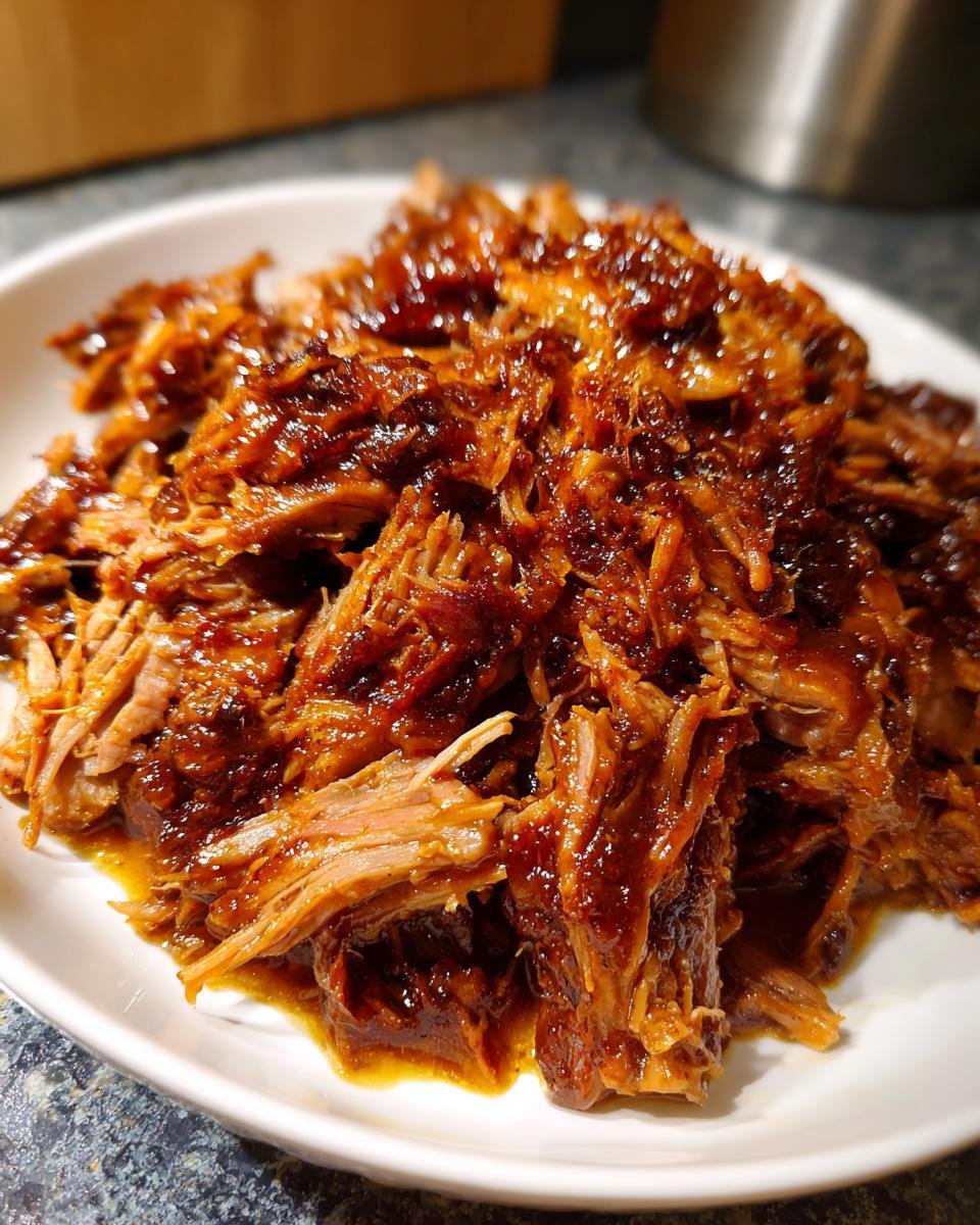 Nahaufnahme von zartem, gezupftem Schweinefleisch in einer dunklen, gl&auml;nzenden So&szlig;e, ideal f&uuml;r Slow Cooker Pork Recipes.