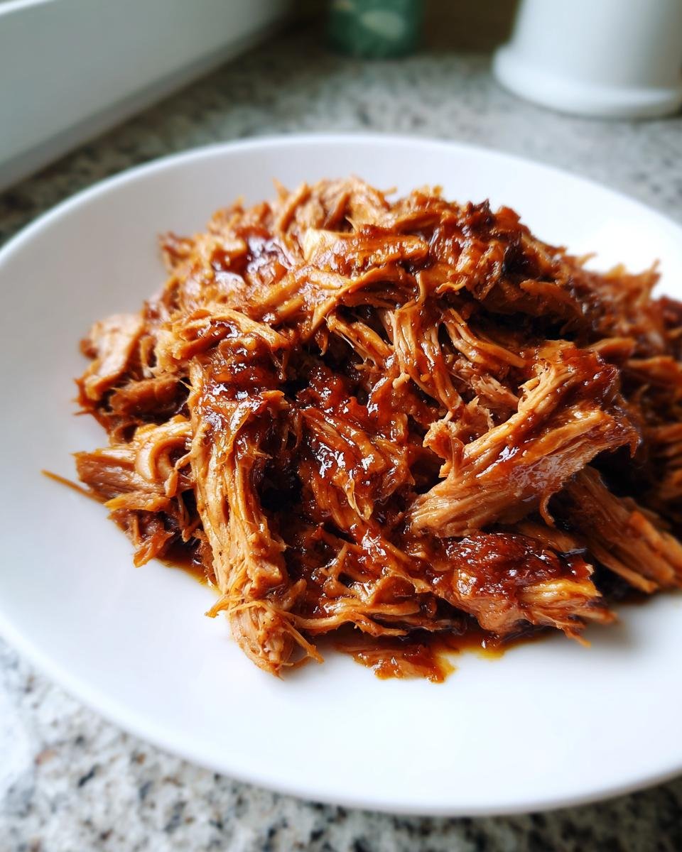 Nahaufnahme von saftigem, gezupftem Schweinefleisch (Pulled Pork) in einer dunklen Sauce auf einem wei&szlig;en Teller.