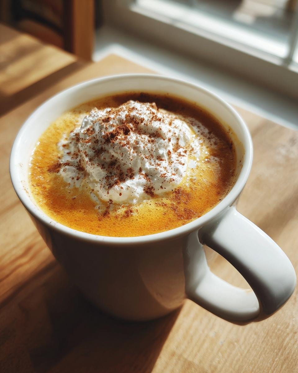 Nahaufnahme eines cremigen Pumpkin Spice Latte in einer wei&szlig;en Tasse, bedeckt mit Schlagsahne und Zimt.