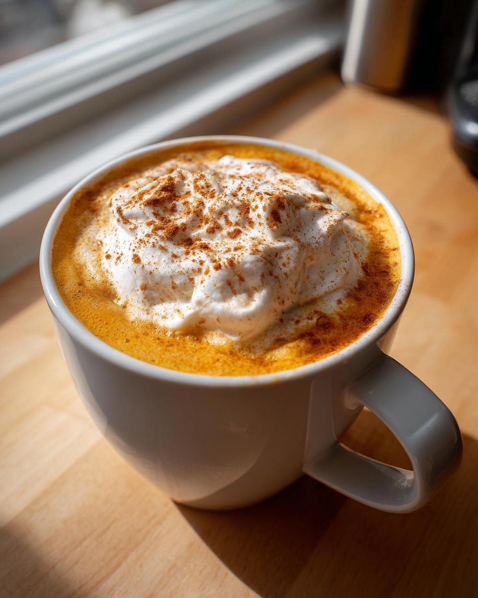 Nahaufnahme eines wei&szlig;en Bechers mit einem cremigen Pumpkin Spice Latte, gekr&ouml;nt mit Schlagsahne und Zimt.