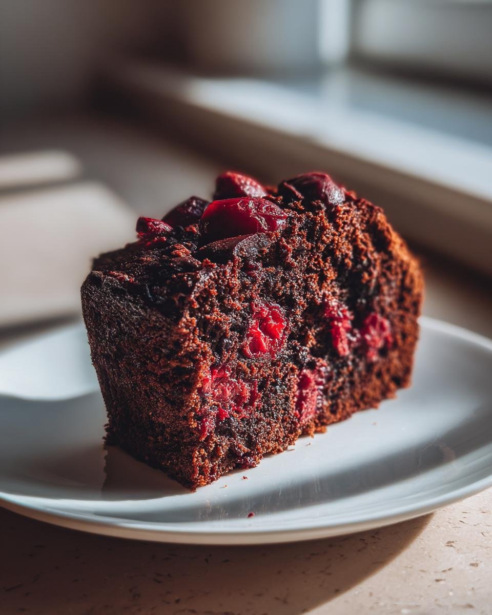 Ein saftiges St&uuml;ck Quick Cherry Chocolate Cake mit sichtbaren Kirschen auf einem wei&szlig;en Teller.