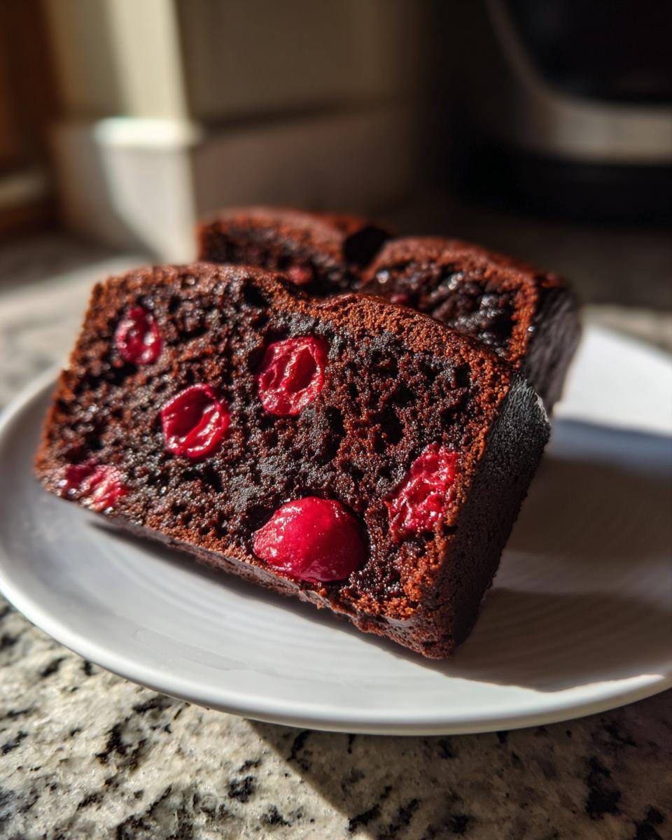 Zwei Scheiben Quick Cherry Chocolate Cake mit saftigen Kirschen auf einem wei&szlig;en Teller.