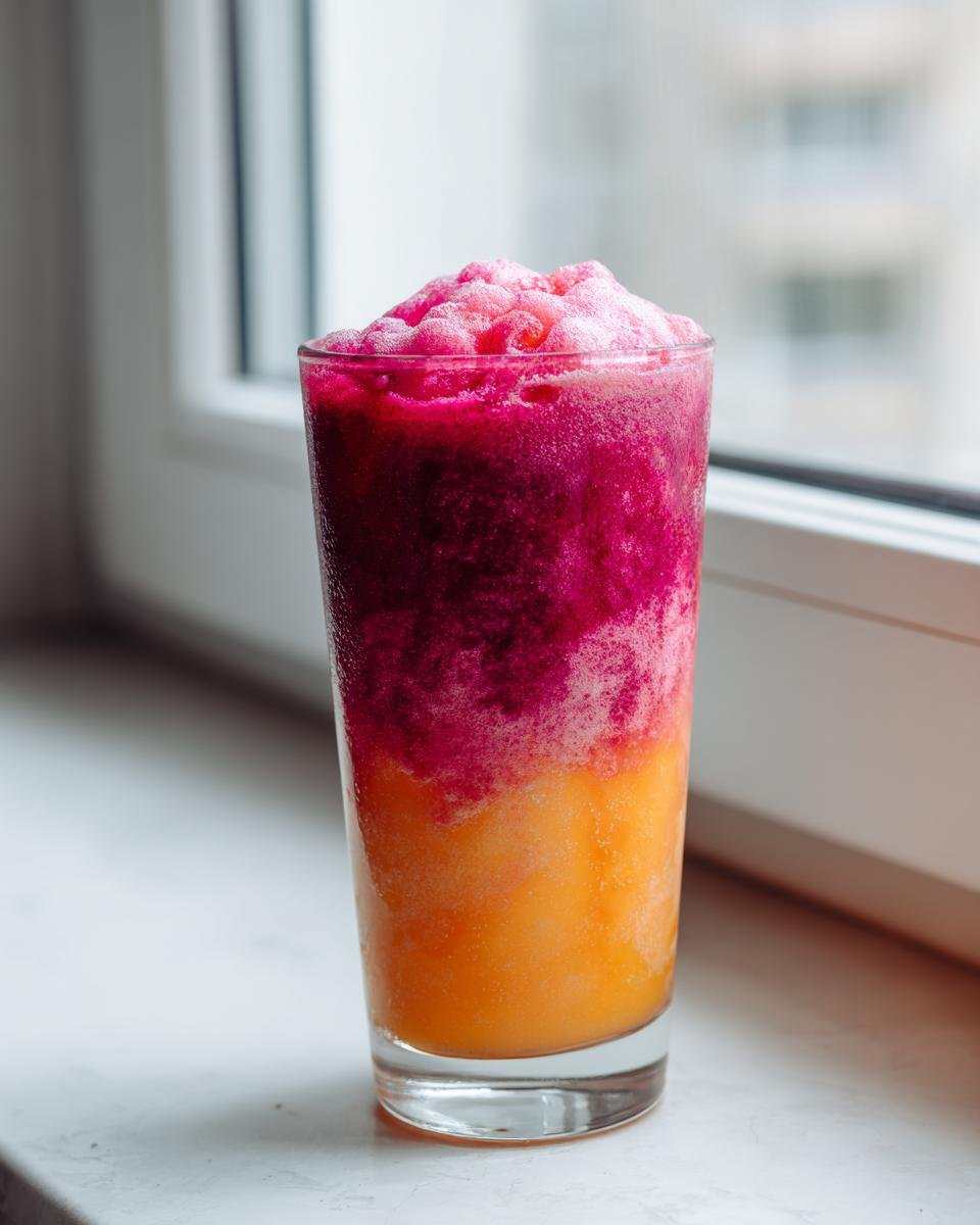 Ein hoher Glas mit einem geschichteten Raspberry Mango Smoothie, unten orange und oben leuchtend pink.