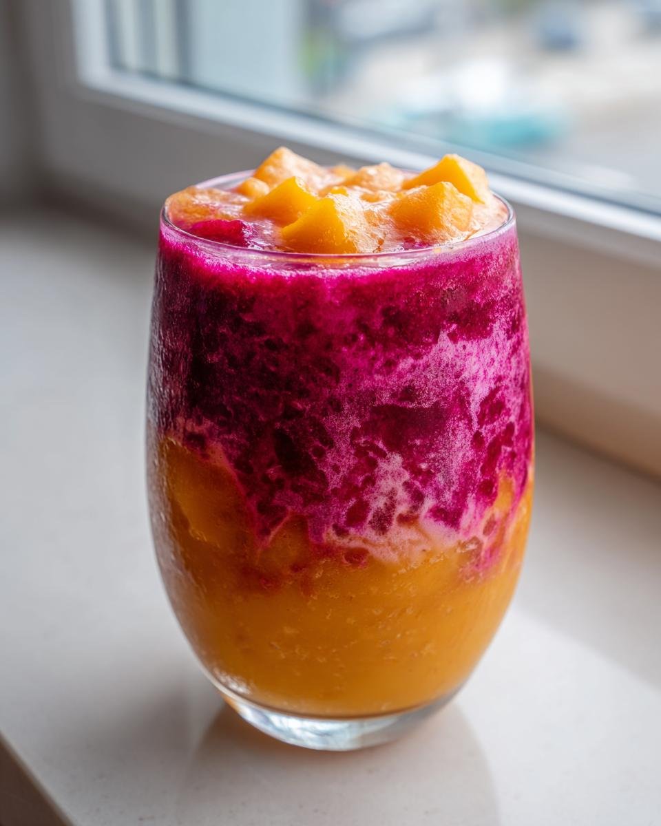 Nahaufnahme eines geschichteten Raspberry Mango Smoothie mit leuchtend gelben und magentafarbenen Schichten.