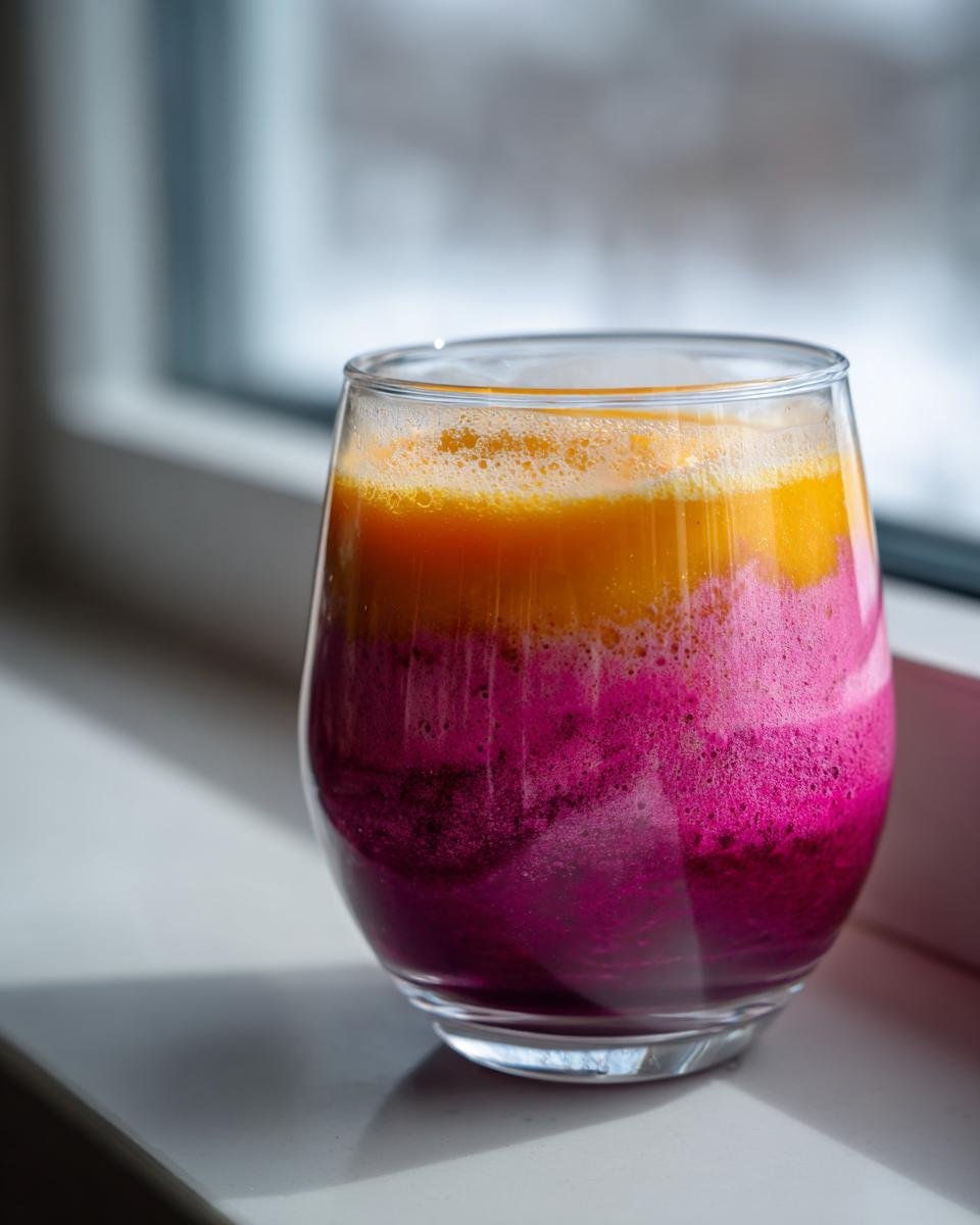 Ein geschichteter, leuchtend pinker und oranger Raspberry Mango Smoothie in einem Glas auf einer Fensterbank.
