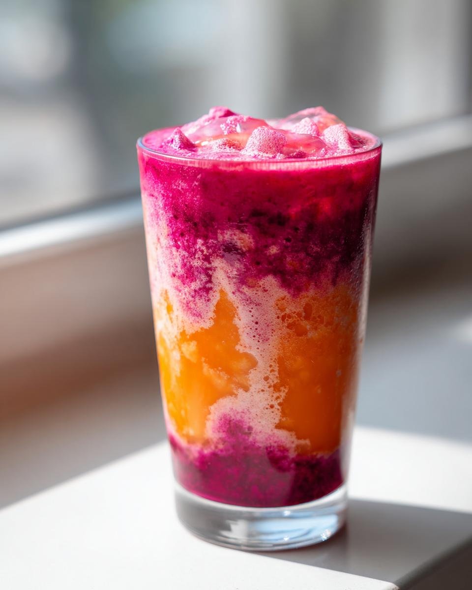 Nahaufnahme eines hohen Glases mit einem geschichteten Raspberry Mango Smoothie in leuchtendem Orange und intensivem Pink/Violett.