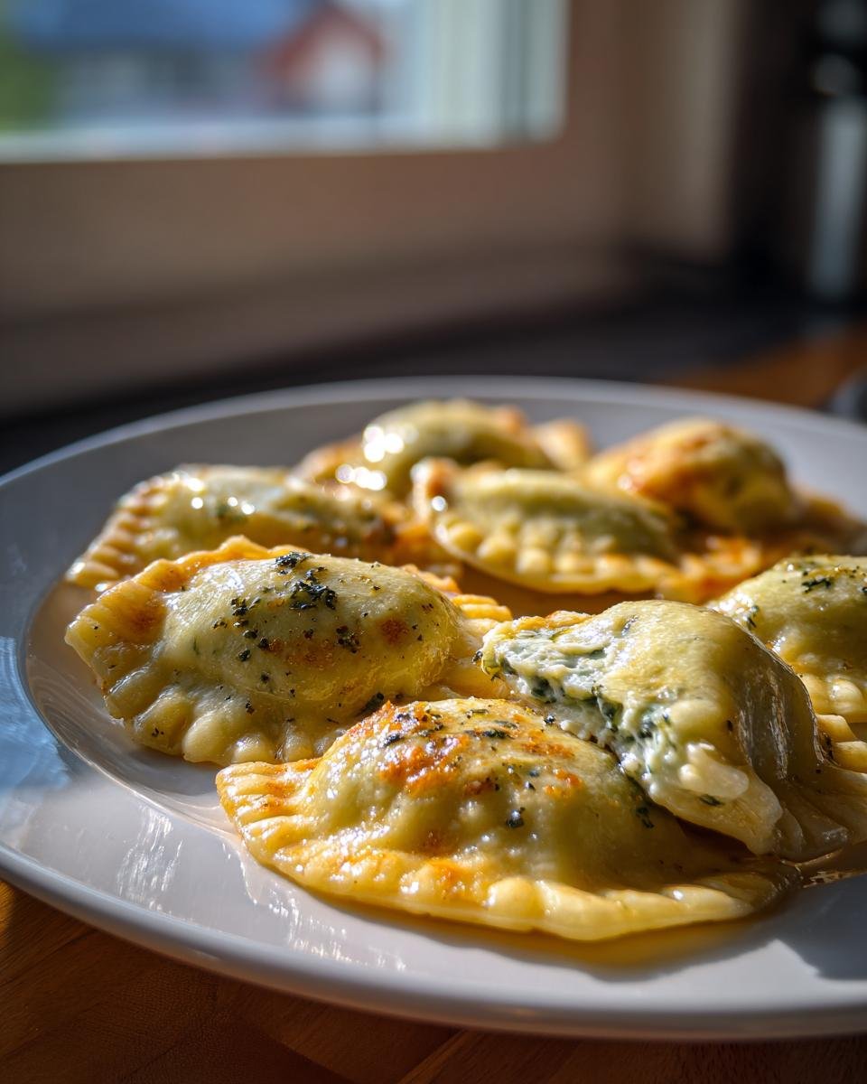 Gebackene Ravioli mit cremiger Spinat-Ricotta Füllung, eines ist aufgeschnitten. Tolle Ravioli Filling Ideas.
