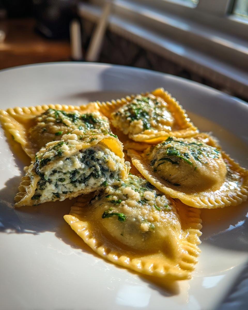 Nahaufnahme von vier Ravioli mit Spinat-Ricotta-Füllung, bestreut mit Kräutern und Käse.