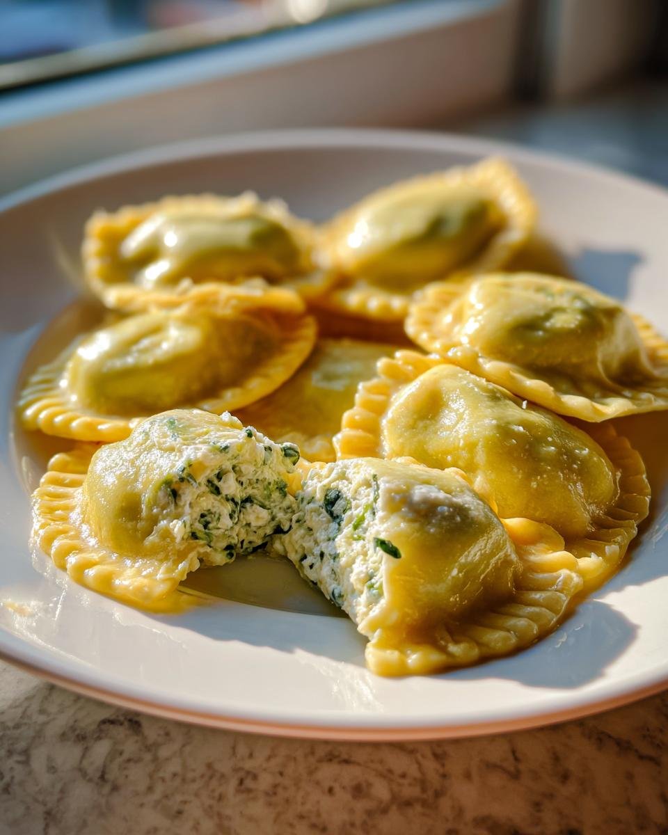 Gekochte Ravioli auf einem Teller, eine ist aufgeschnitten und zeigt die cremige Ricotta-Kräuter Ravioli Filling Ideas.
