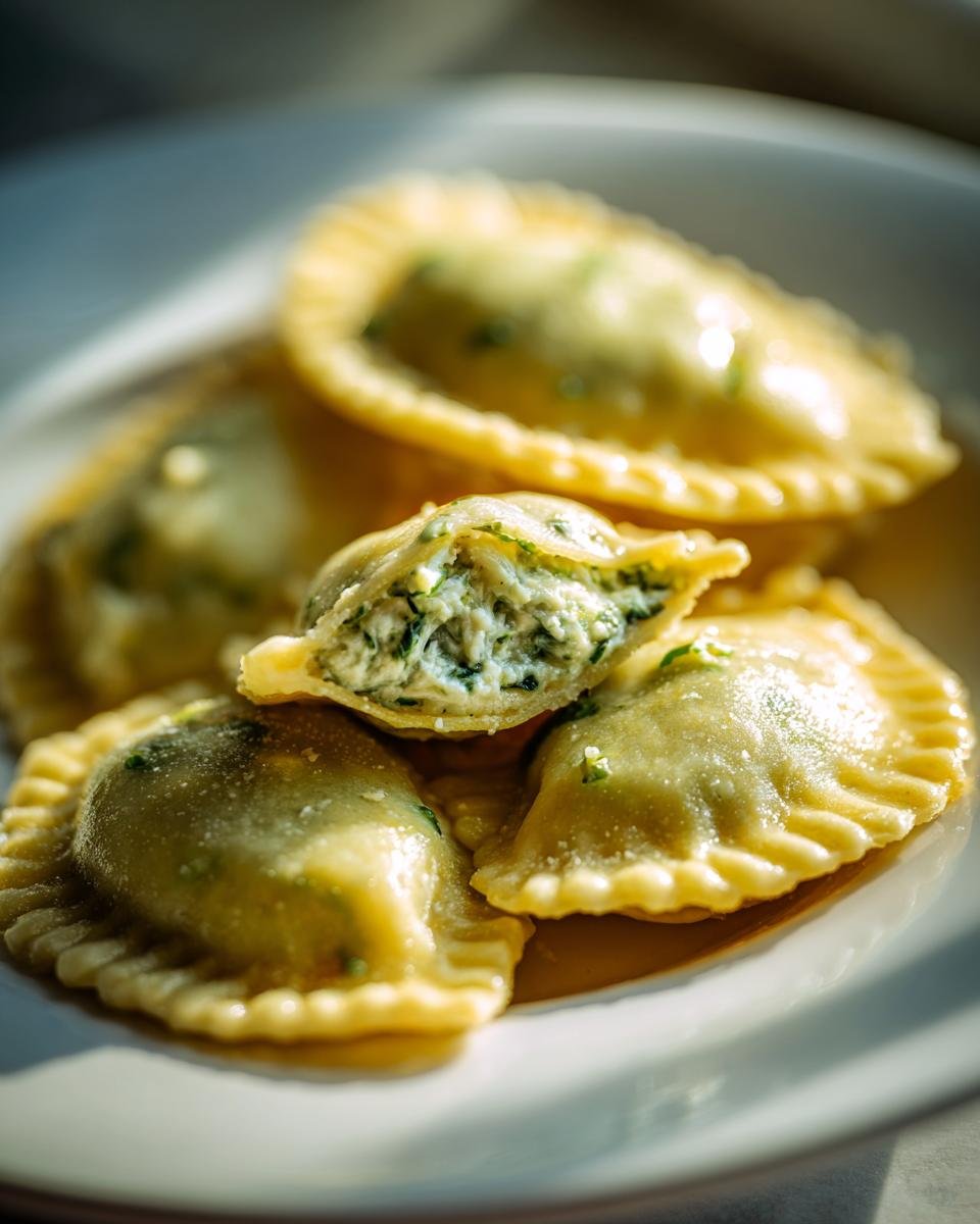 Nahaufnahme von gekochten Ravioli, eine davon aufgeschnitten zeigt die cremige Spinat-Ricotta Ravioli Filling Ideas.