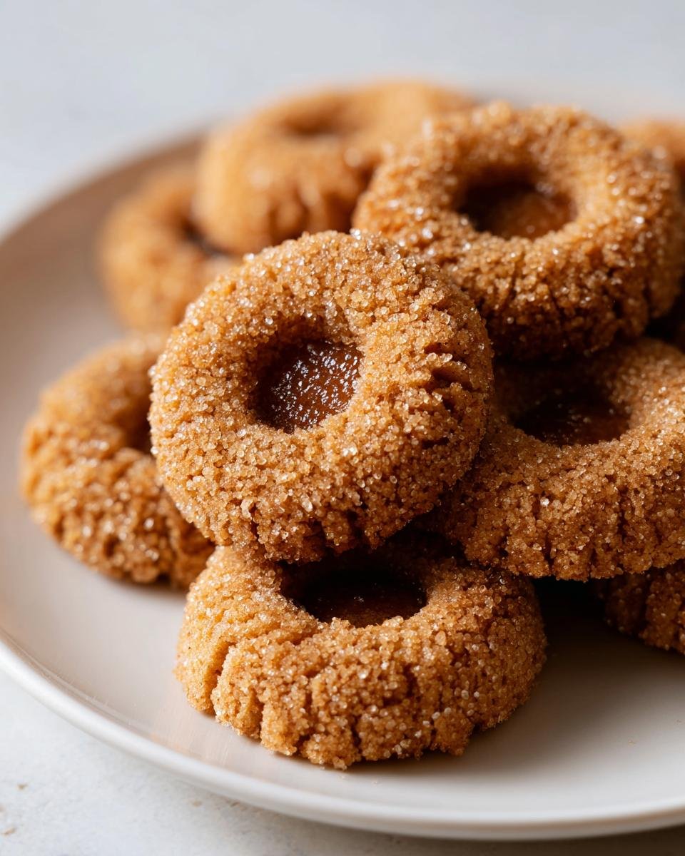 Nahaufnahme von gestapelten Raw Sugar Thumbprint Cookies, die au&szlig;en mit grobem Zucker bedeckt sind.