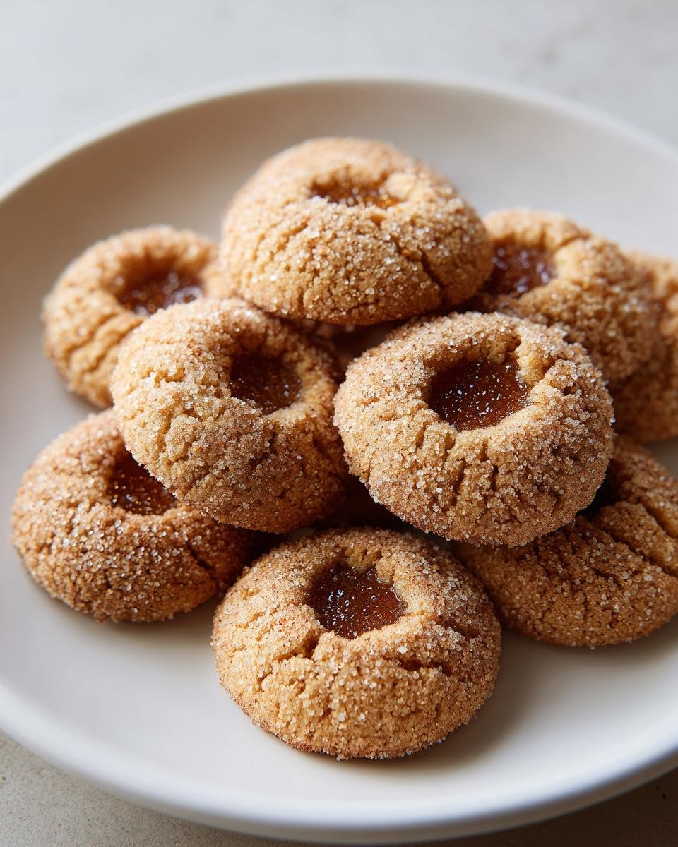 Nahaufnahme von Raw Sugar Thumbprint Cookies, bedeckt mit Zucker, auf einem hellen Teller.