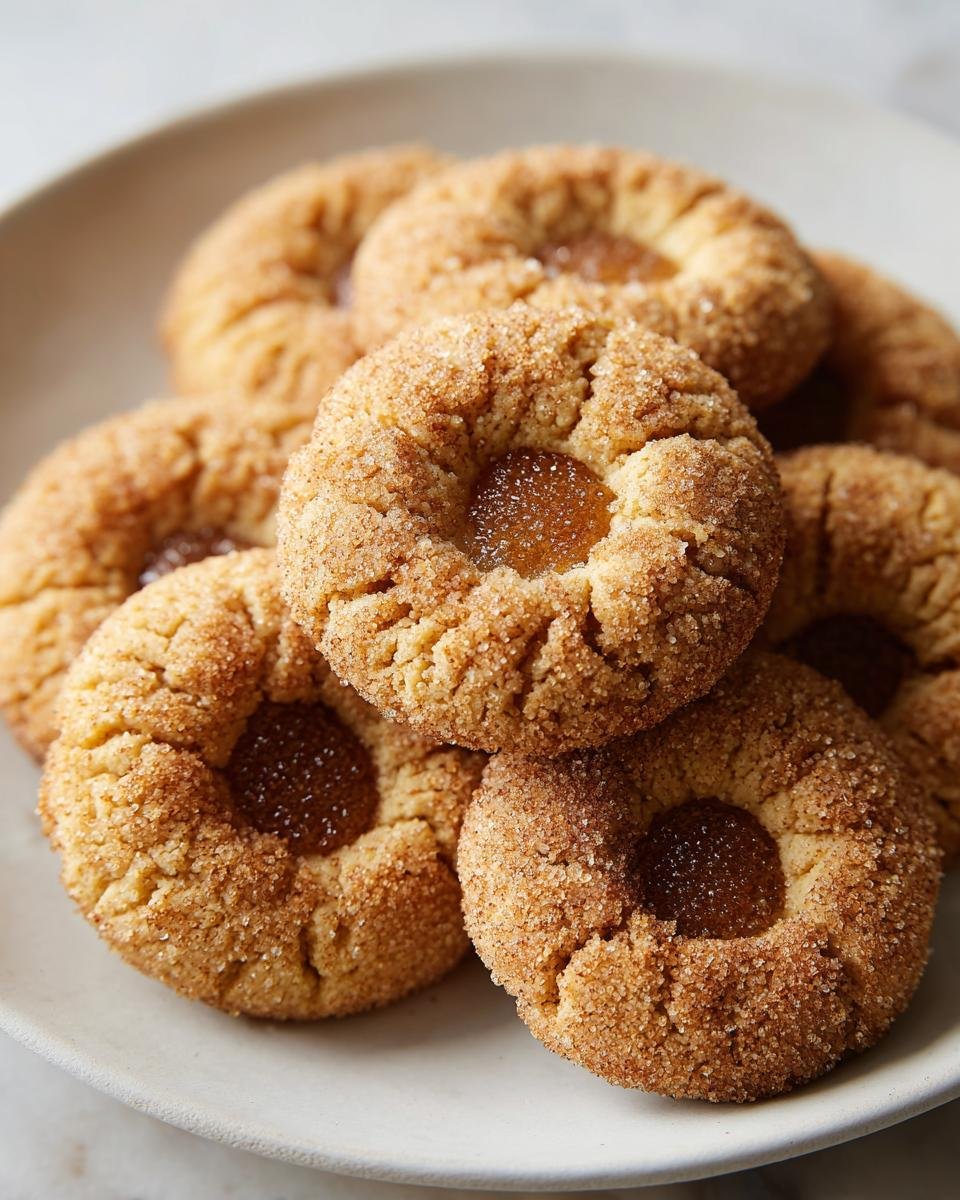 Nahaufnahme von mehreren Raw Sugar Thumbprint Cookies, bedeckt mit Zimt-Zucker und einer Marmeladenf&uuml;llung.