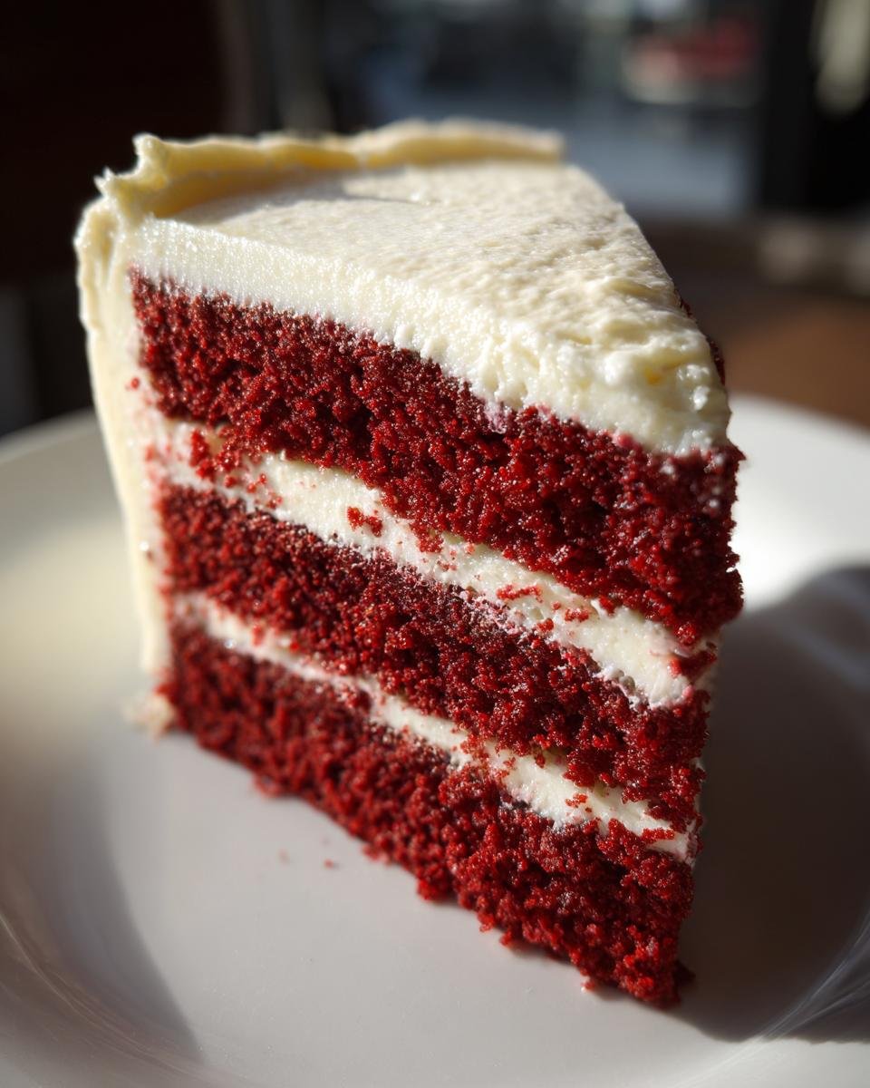 Nahaufnahme eines Kuchenschnitts: Red Velvet Cake With Cream Cheese Frosting mit drei roten Schichten und wei&szlig;er Creme.