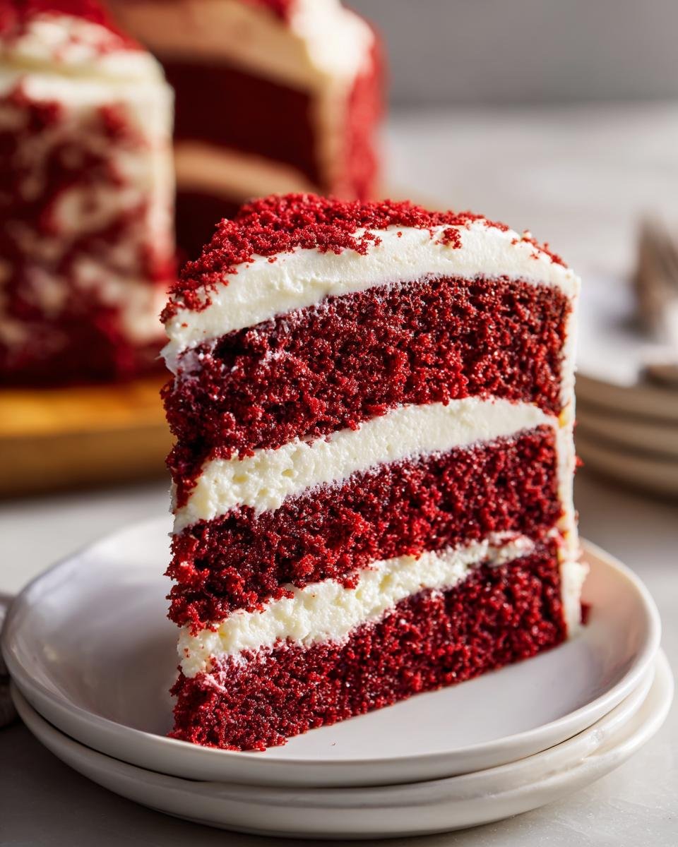Nahaufnahme eines saftigen St&uuml;cks Red Velvet Cake mit Frischk&auml;se-Frosting und Kr&uuml;meln obenauf.