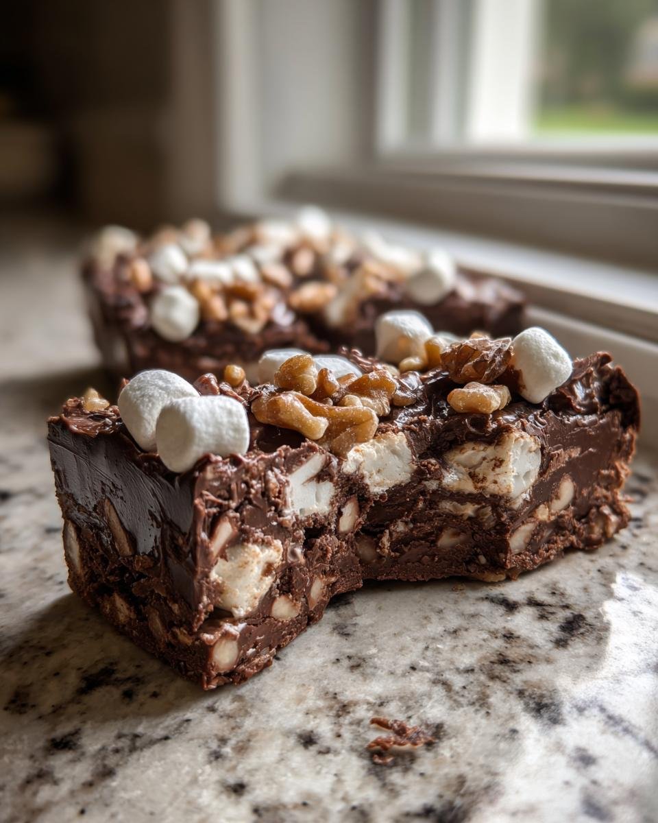 Nahaufnahme eines angeschnittenen Rocky Road Chocolate Fudge Bars mit Marshmallows und Waln&uuml;ssen.
