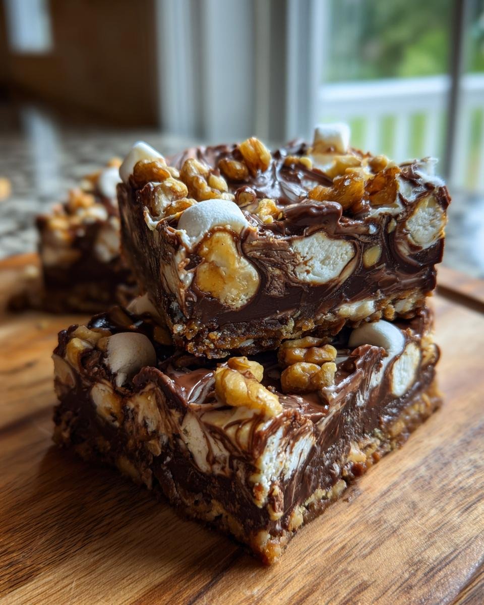 Zwei gestapelte Rocky Road Chocolate Fudge Bars mit Marshmallows und Waln&uuml;ssen auf einem Holzbrett.