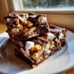 Zwei gestapelte Rocky Road Chocolate Fudge Bars mit Marshmallows und Waln&uuml;ssen auf einem Teller.