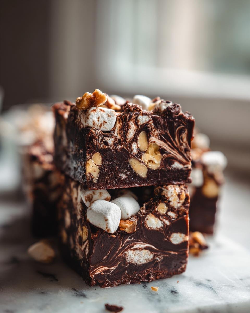 Zwei gestapelte St&uuml;cke Rocky Road Chocolate Fudge Bars mit Marshmallows und N&uuml;ssen.