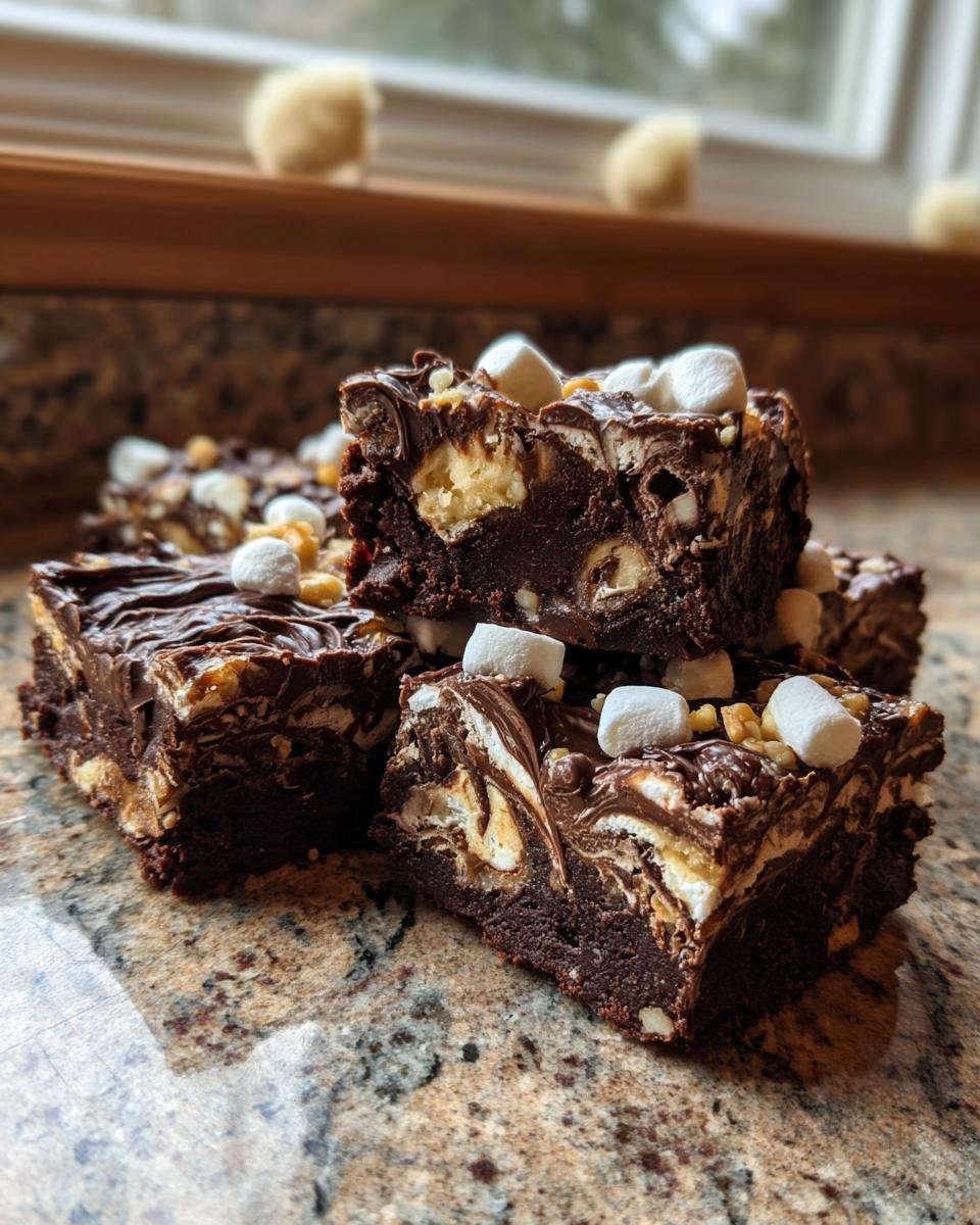 Gestapelte St&uuml;cke von saftigen Rocky Road Chocolate Fudge Bars mit Marshmallows und N&uuml;ssen.