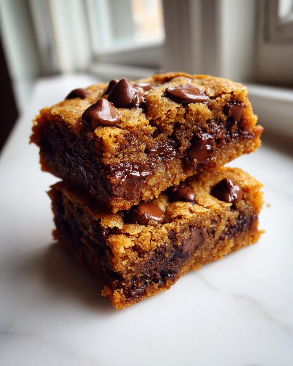 Zwei gestapelte, saftige Cookie Bars mit geschmolzenen Schokoladenst&uuml;ckchen auf wei&szlig;em Untergrund.