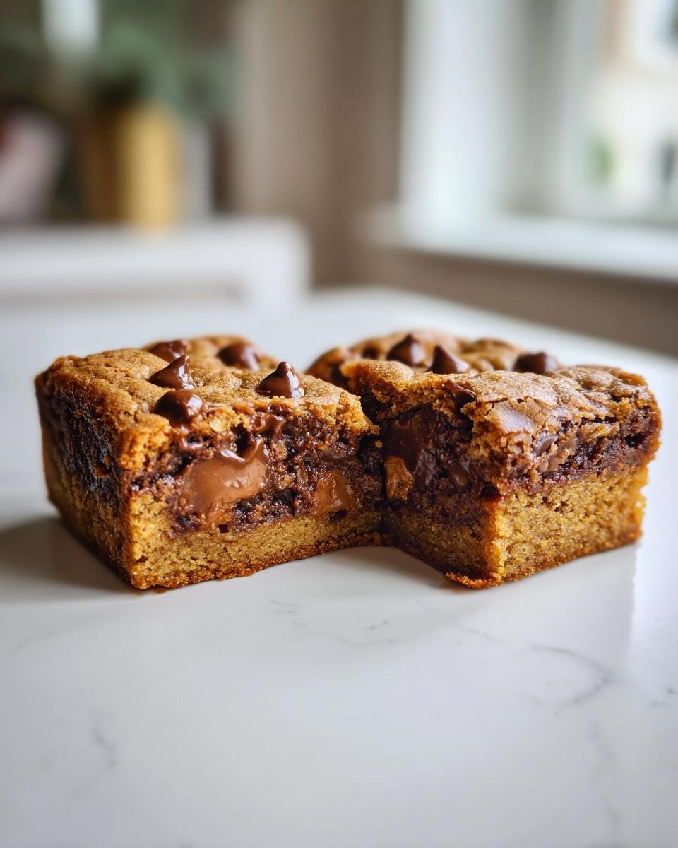 Zwei aufgeschnittene Cookie Bars mit z&auml;hem Kern und geschmolzenen Schokost&uuml;ckchen obenauf.