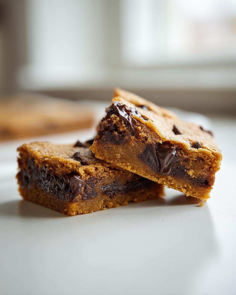 Nahaufnahme von zwei gestapelten, saftigen Cookie Bars mit reichlich geschmolzenen Schokoladenst&uuml;cken.