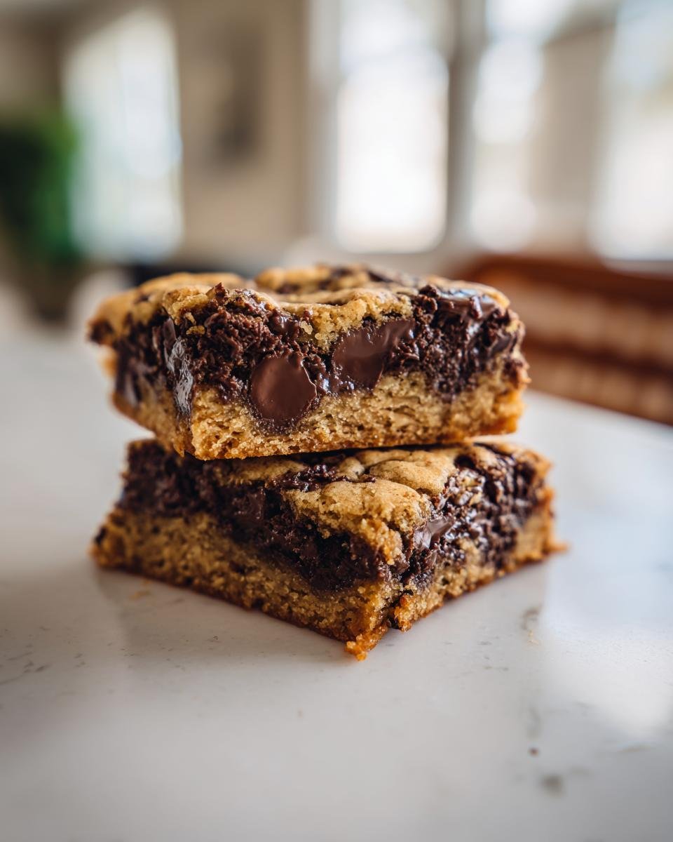 Zwei &uuml;bereinander gestapelte, saftige Cookie Bars mit reichlich dunkler Schokolade, perfekt f&uuml;r das Rezept.