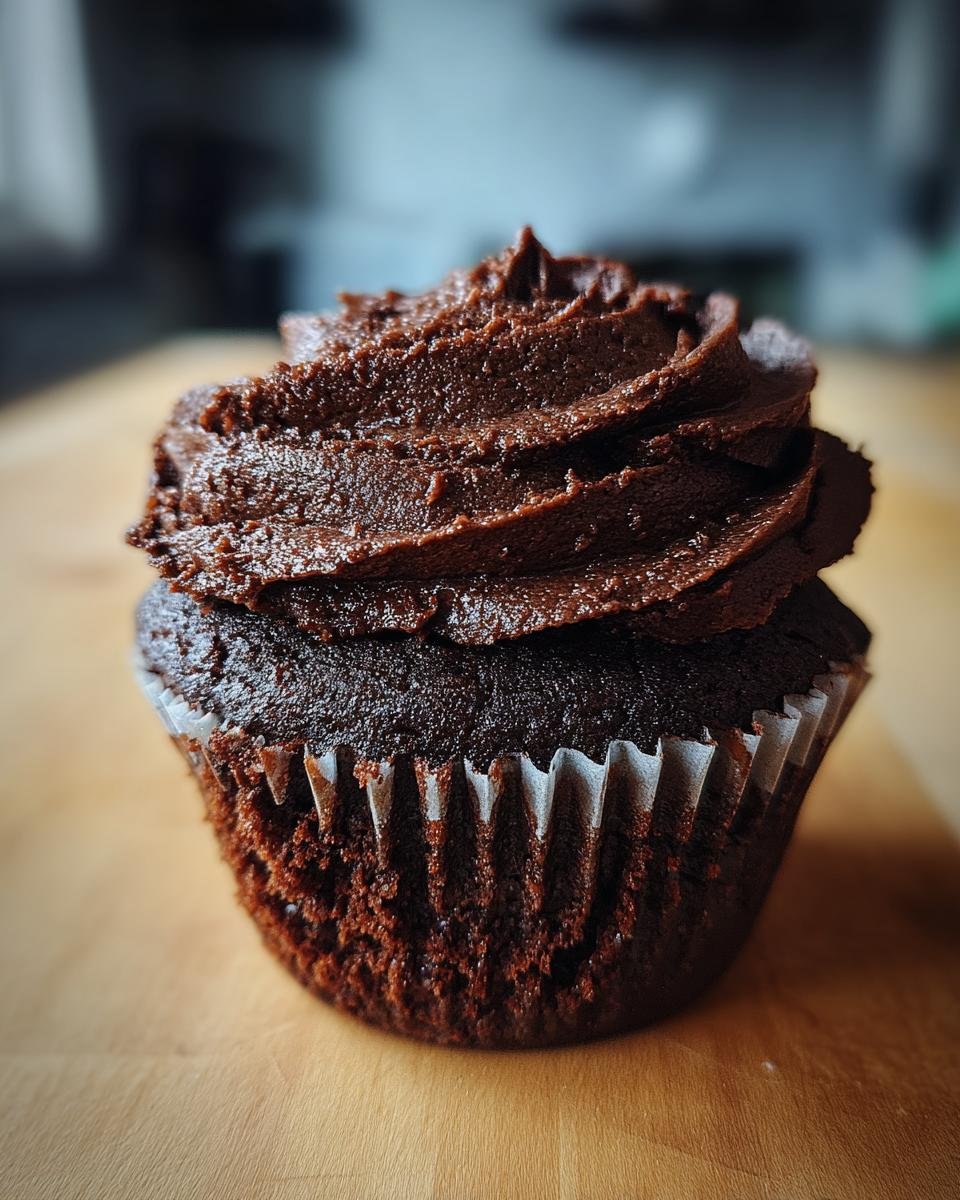 Nahaufnahme eines saftigen Spooky Double Chocolate Cupcakes mit dunkler Schokoladencreme.