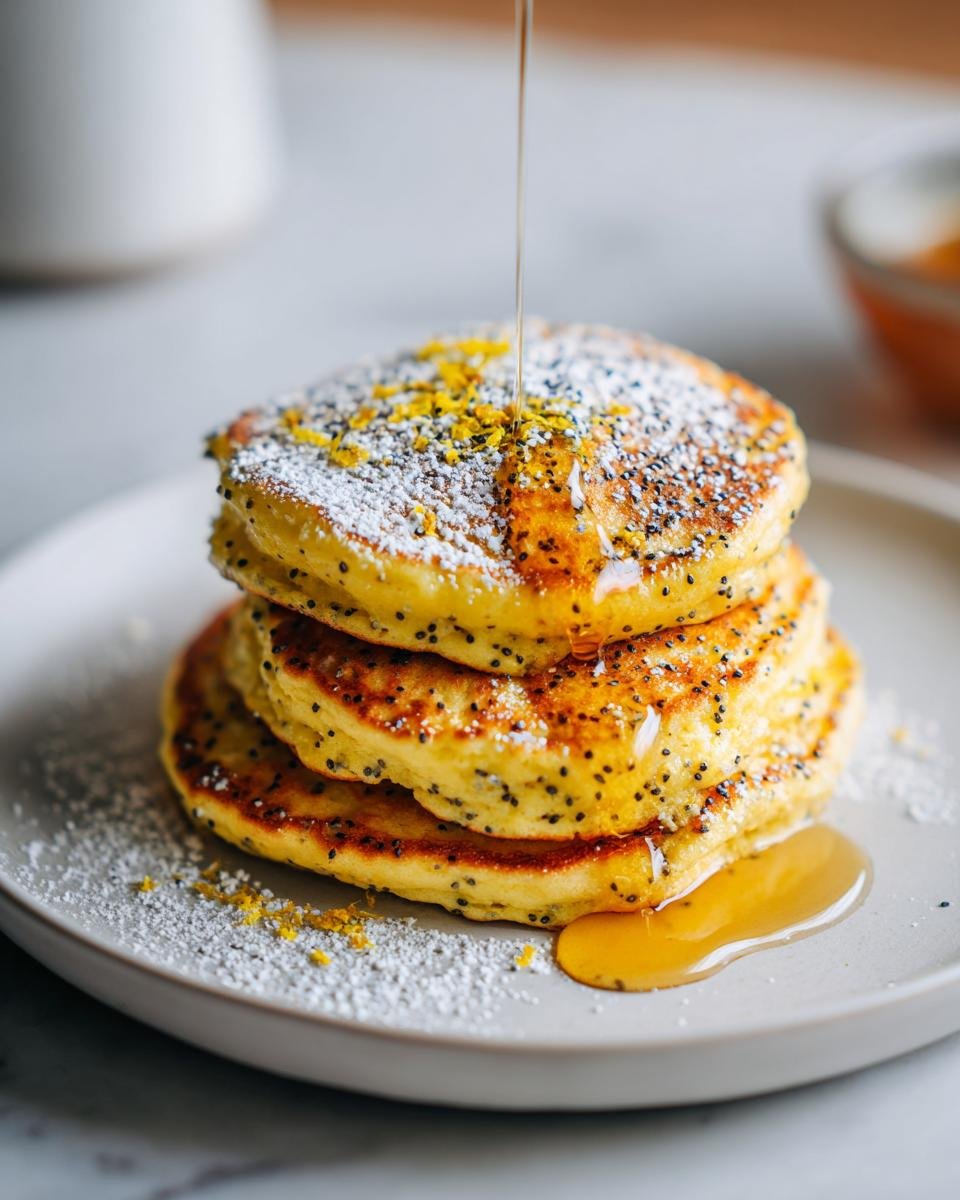 Stapel von drei Vegan Lemon Poppyseed Pancakes, betr&auml;ufelt mit Sirup, Puderzucker und Zitronenabrieb.