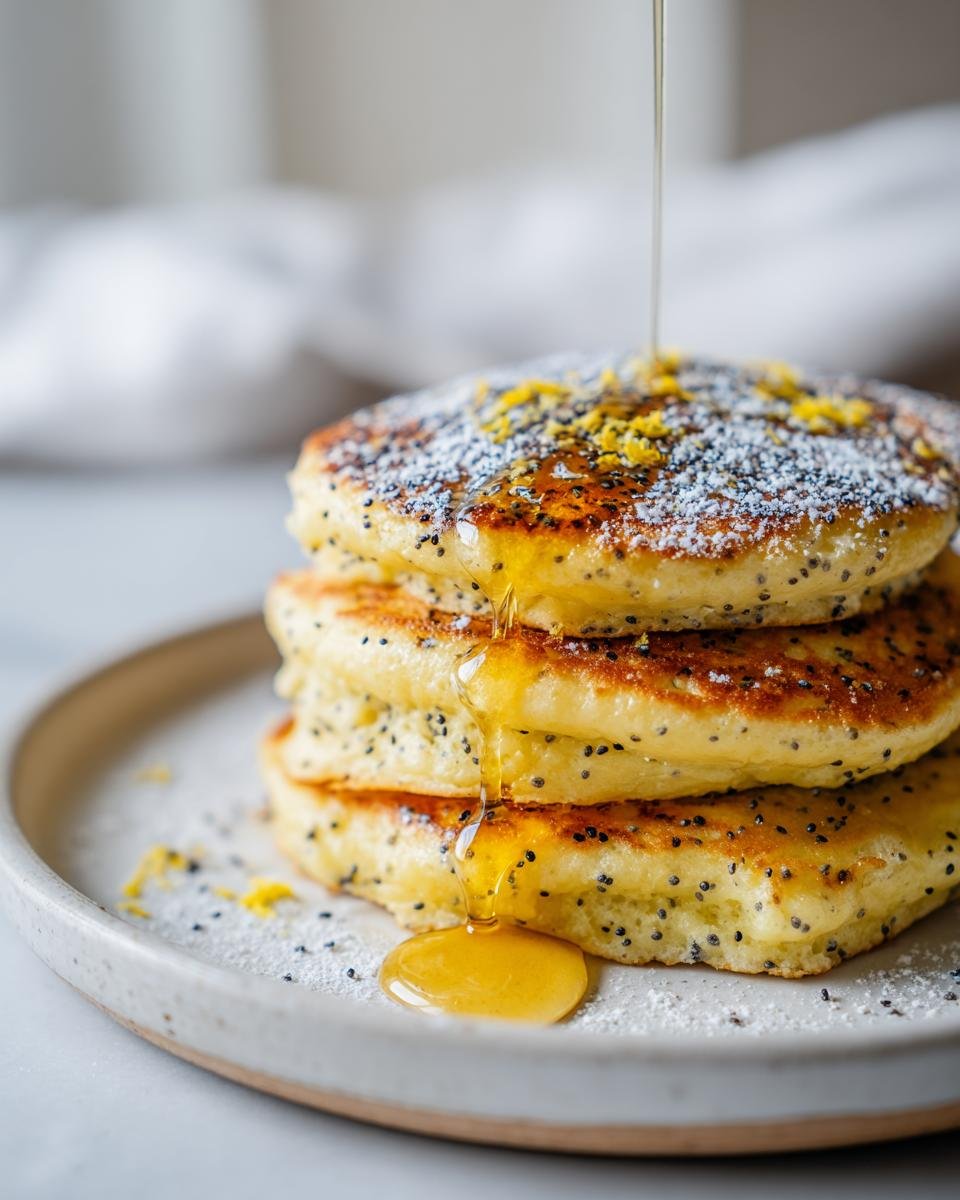 Stapel von saftigen Vegan Lemon Poppyseed Pancakes, betr&auml;ufelt mit Sirup und Puderzucker.