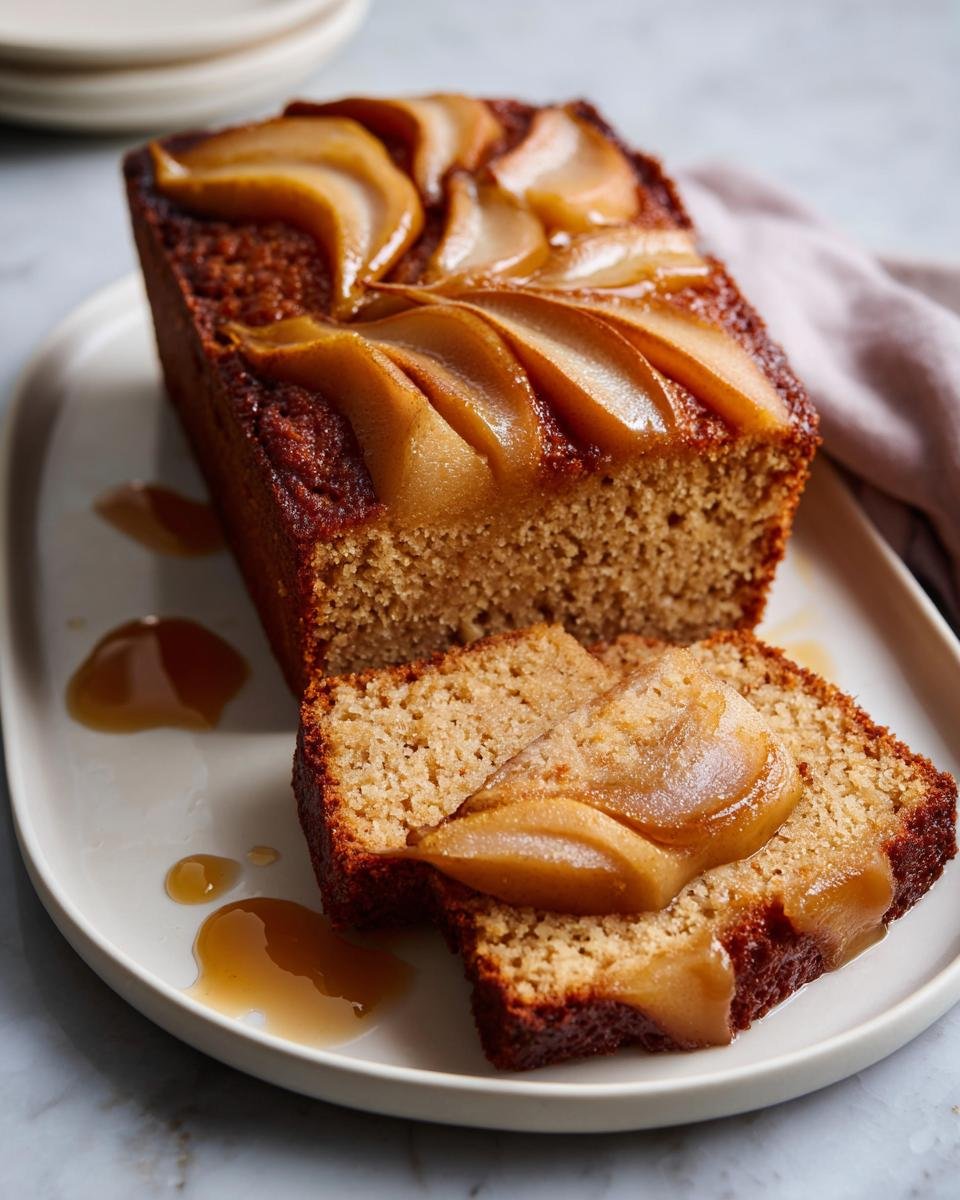 Anschnitt eines saftigen Birnenkuchens mit karamellisierten Birnenscheiben obenauf und etwas So&szlig;e auf dem Teller.