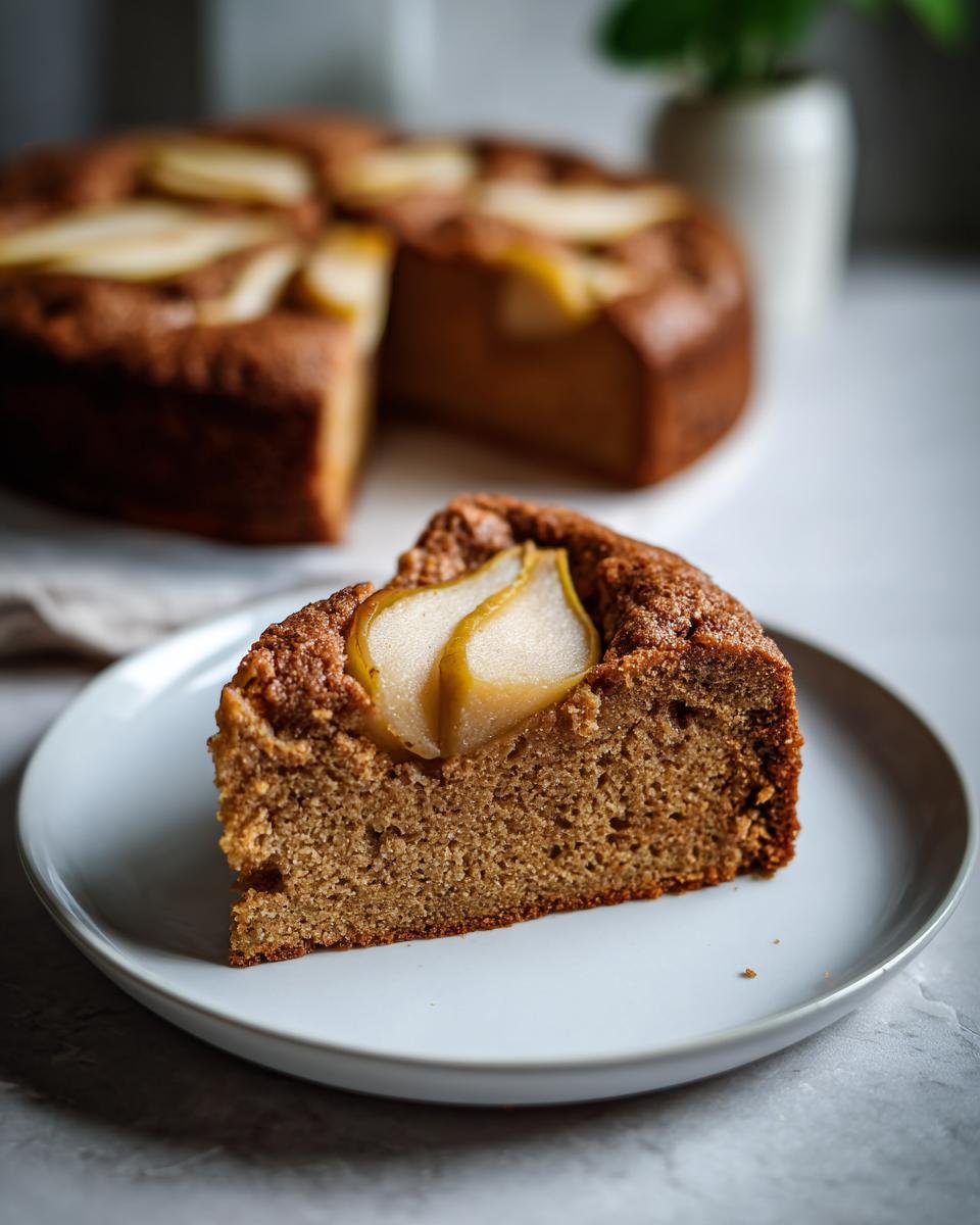Ein St&uuml;ck saftiger Birnenkuchen mit Birnenscheiben auf einem Teller, im Hintergrund der ganze Kuchen.