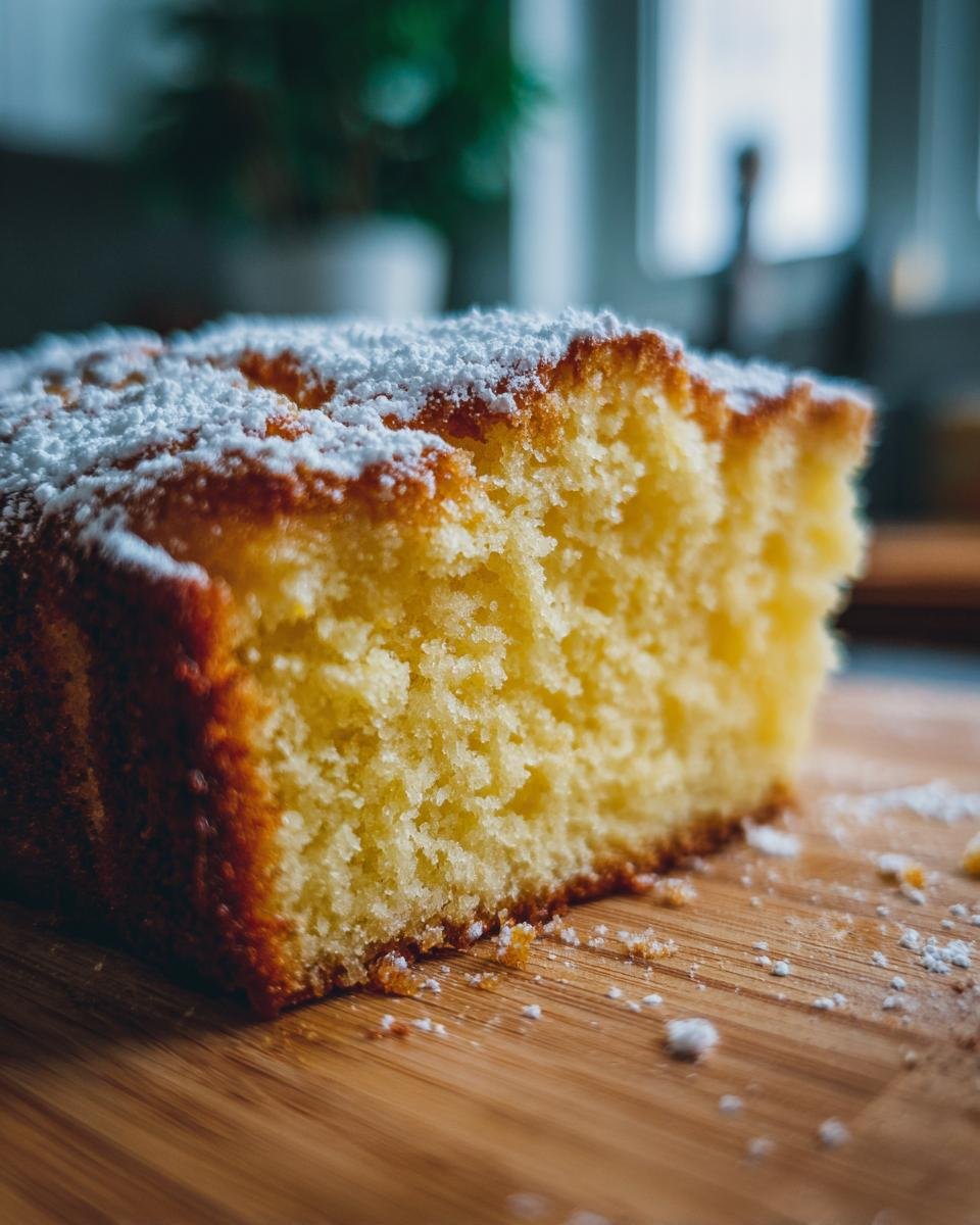 Nahaufnahme eines saftigen St&uuml;cks Lemon Yogurt Cake mit goldbrauner Kruste und Puderzucker auf einem Holzbrett.