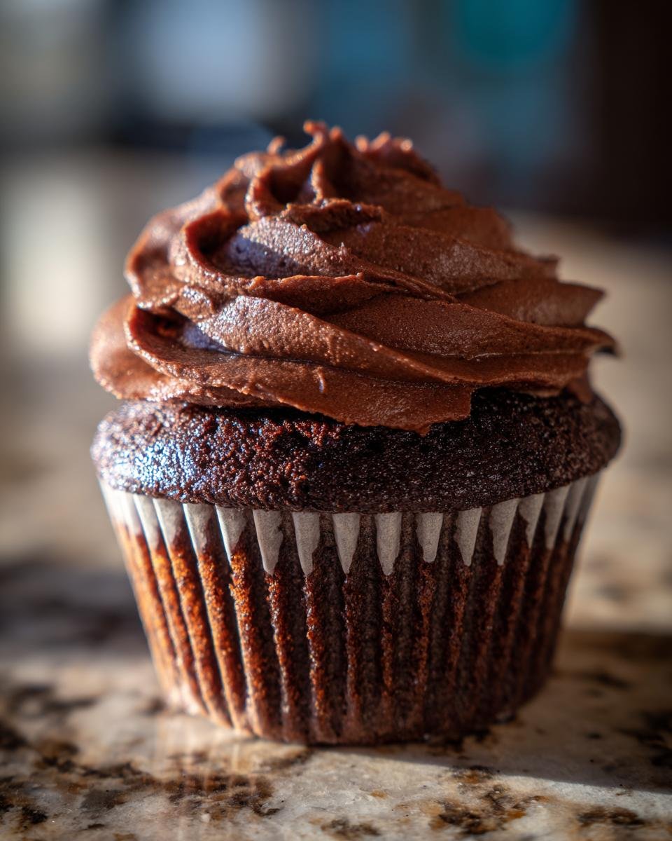 Nahaufnahme eines saftigen Spooky Double Chocolate Cupcakes mit dunkler Schokoladencreme-Haube auf einem marmorierten Untergrund.
