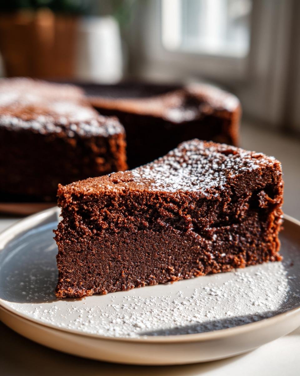 Ein St&uuml;ck saftiges Chocolate Delight Kuchen auf einem Teller, best&auml;ubt mit Puderzucker.