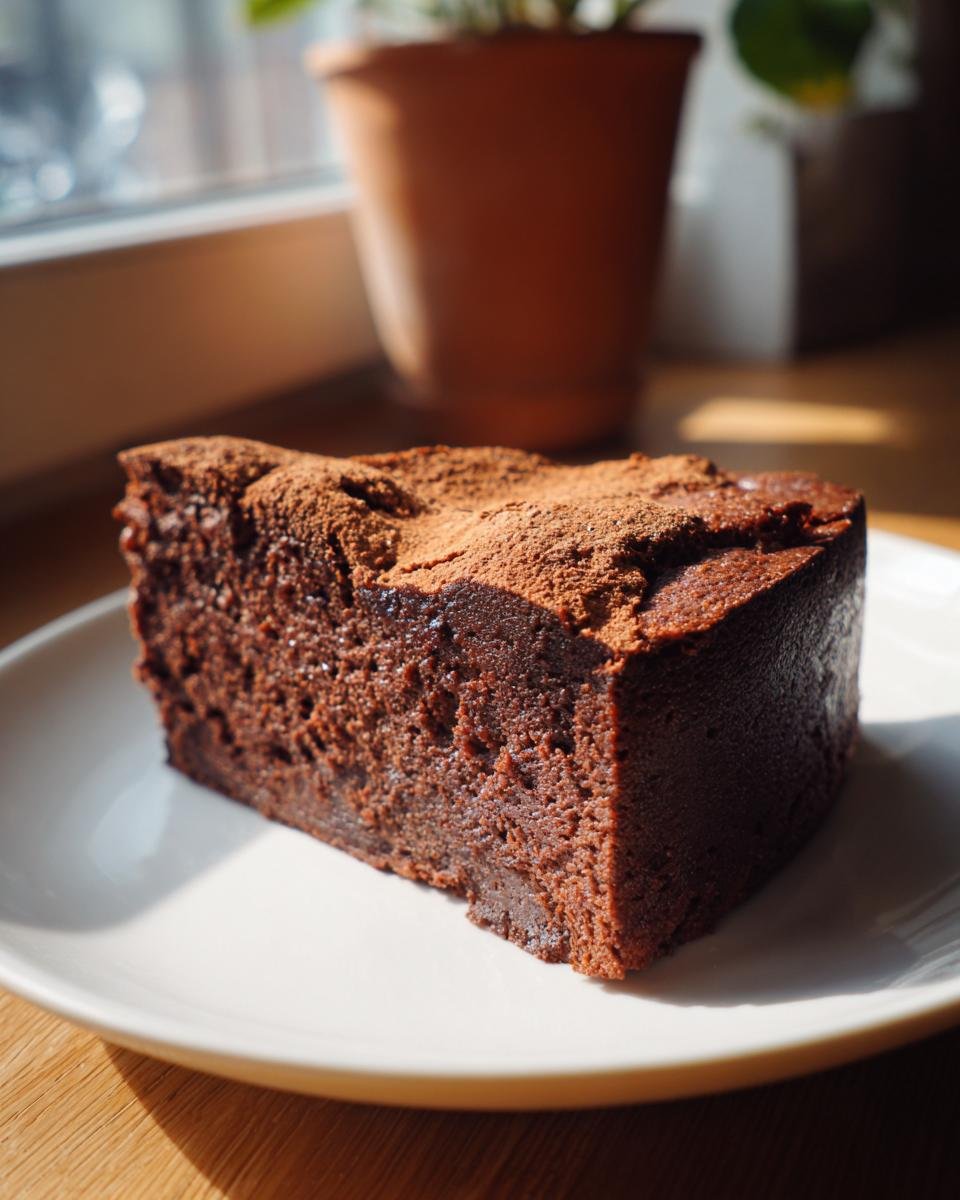 Ein saftiges St&uuml;ck Chocolate Delight Kuchen, best&auml;ubt mit Kakaopulver, auf einem wei&szlig;en Teller.