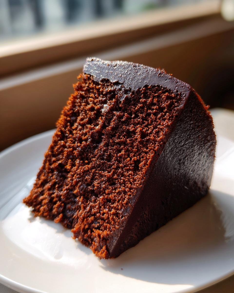 Nahaufnahme eines saftigen St&uuml;cks Chocolate Delight Kuchen mit dunkler Glasur auf einem wei&szlig;en Teller.