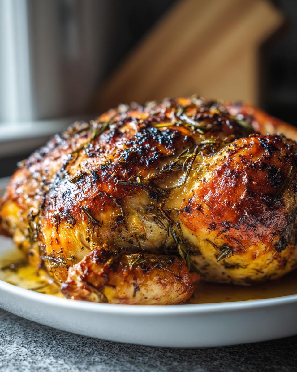 Nahaufnahme eines ganzen, knusprig gebratenen Huhns, reichlich mit Rosmarin gew&uuml;rzt, in einer wei&szlig;en Schale.