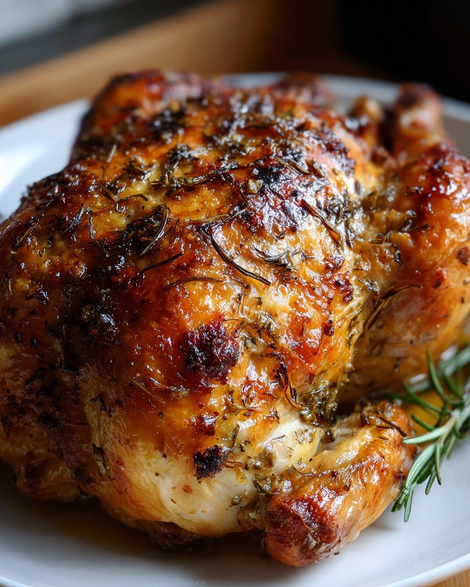 Nahaufnahme eines knusprig gebratenen Huhns, bedeckt mit Kr&auml;utern, ideal f&uuml;r Rosemary Recipes.