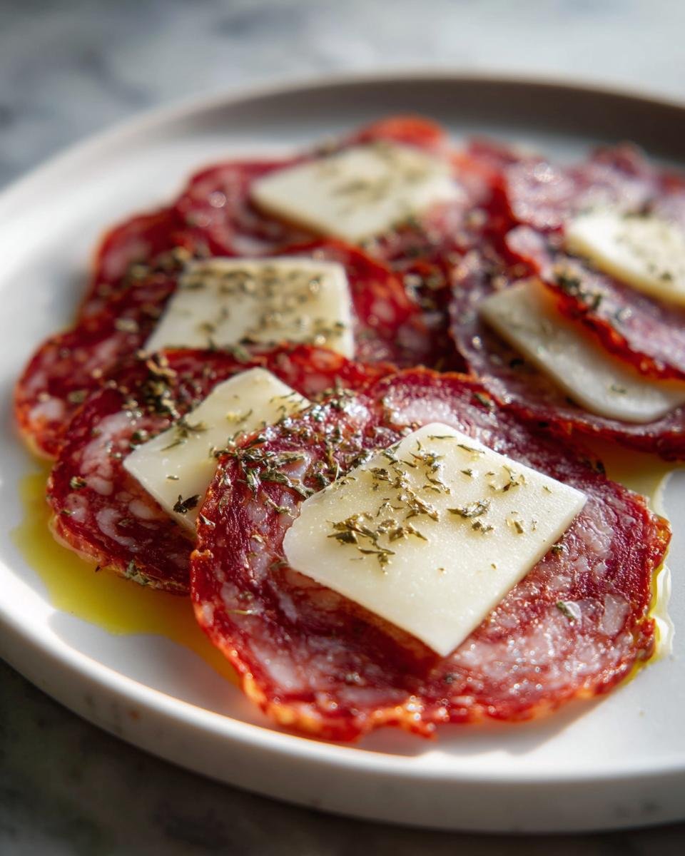 D&uuml;nne Scheiben Salami mit K&auml;sew&uuml;rfeln und Kr&auml;utern, ein einfaches Salami Rezept.