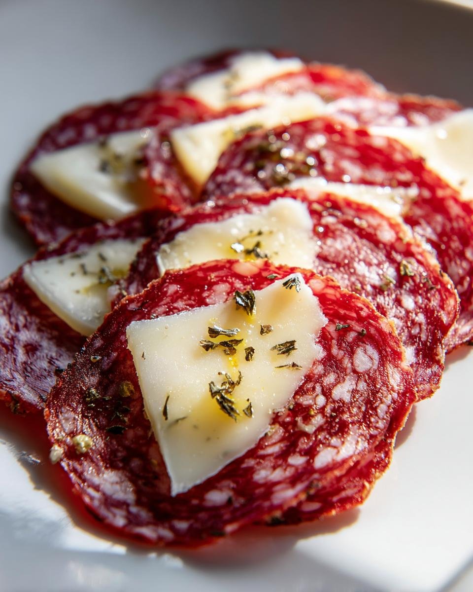 D&uuml;nn geschnittene Salami Scheiben belegt mit K&auml;se und bestreut mit Kr&auml;utern, typisch f&uuml;r Salami Recipes.