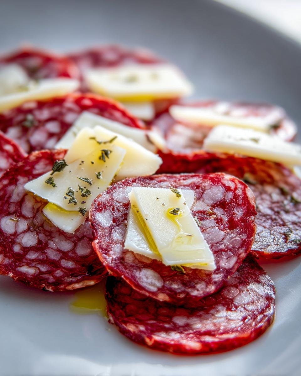 Nahaufnahme von aufgeschnittenen Salami-Scheiben belegt mit K&auml;se, Oliven&ouml;l und Kr&auml;utern &ndash; eines der Salami Recipes.