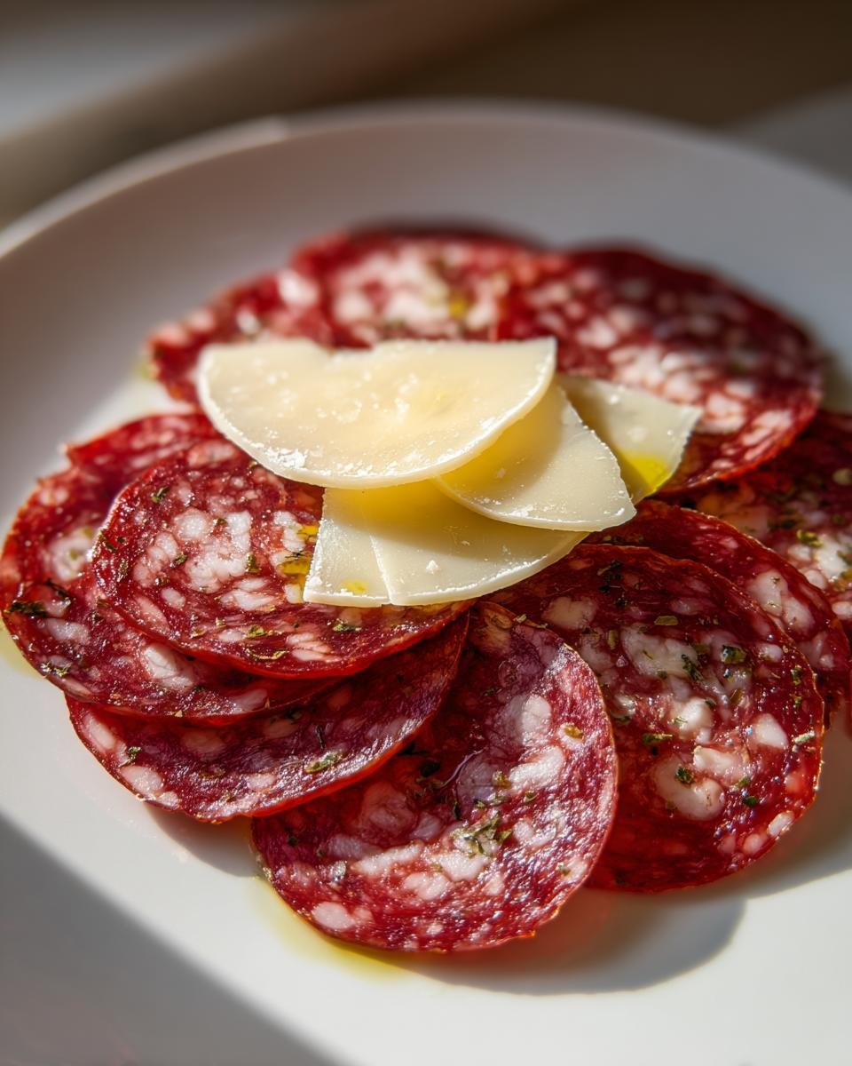 D&uuml;nn geschnittene Salami-Scheiben, betr&auml;ufelt mit &Ouml;l und Kr&auml;utern, belegt mit Parmesan.