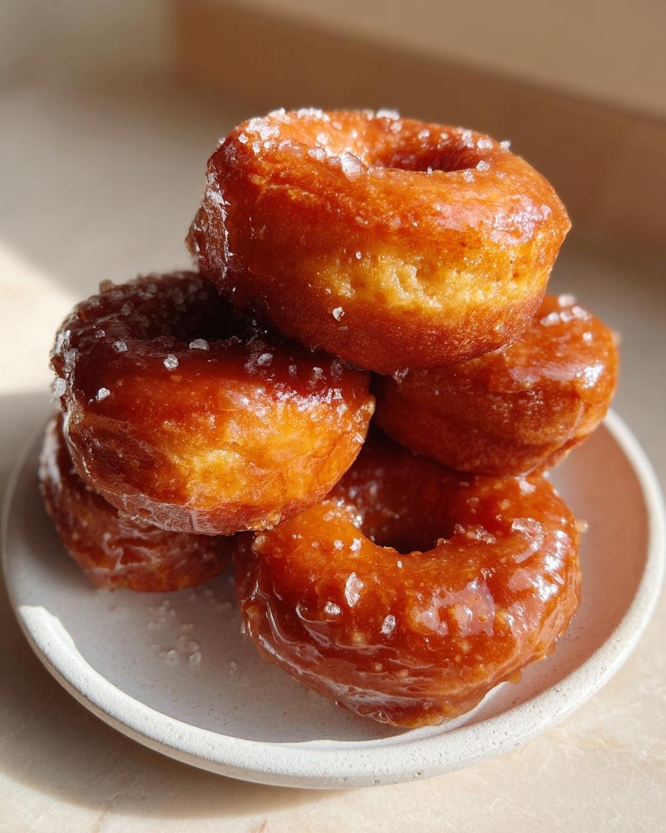 Stapel von Salted Caramel Glazed Pumpkin Donuts mit grobem Salz bestreut auf einem Teller.