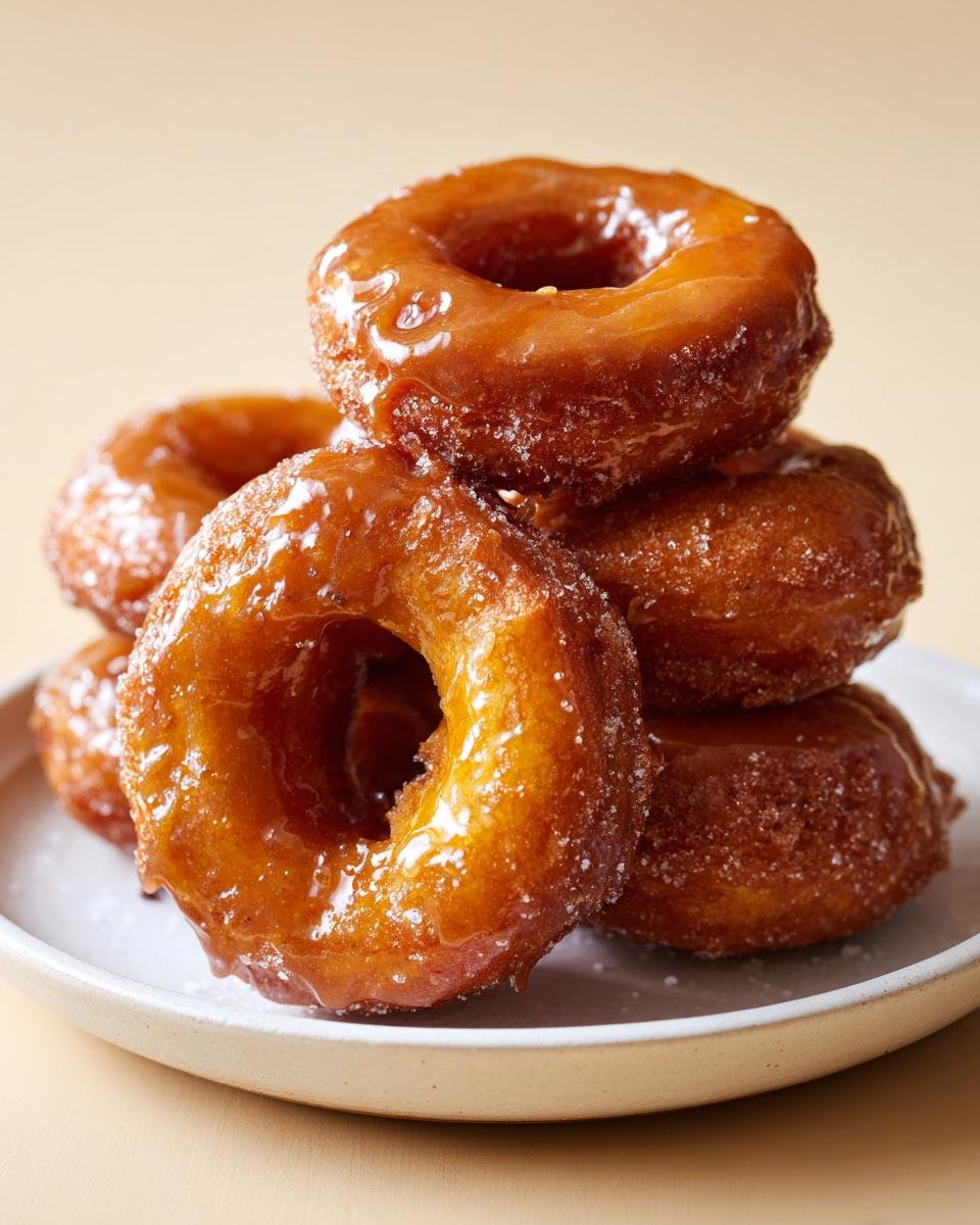 Stapel von fluffigen Salted Caramel Glazed Pumpkin Donuts mit gl&auml;nzender Karamellglasur.